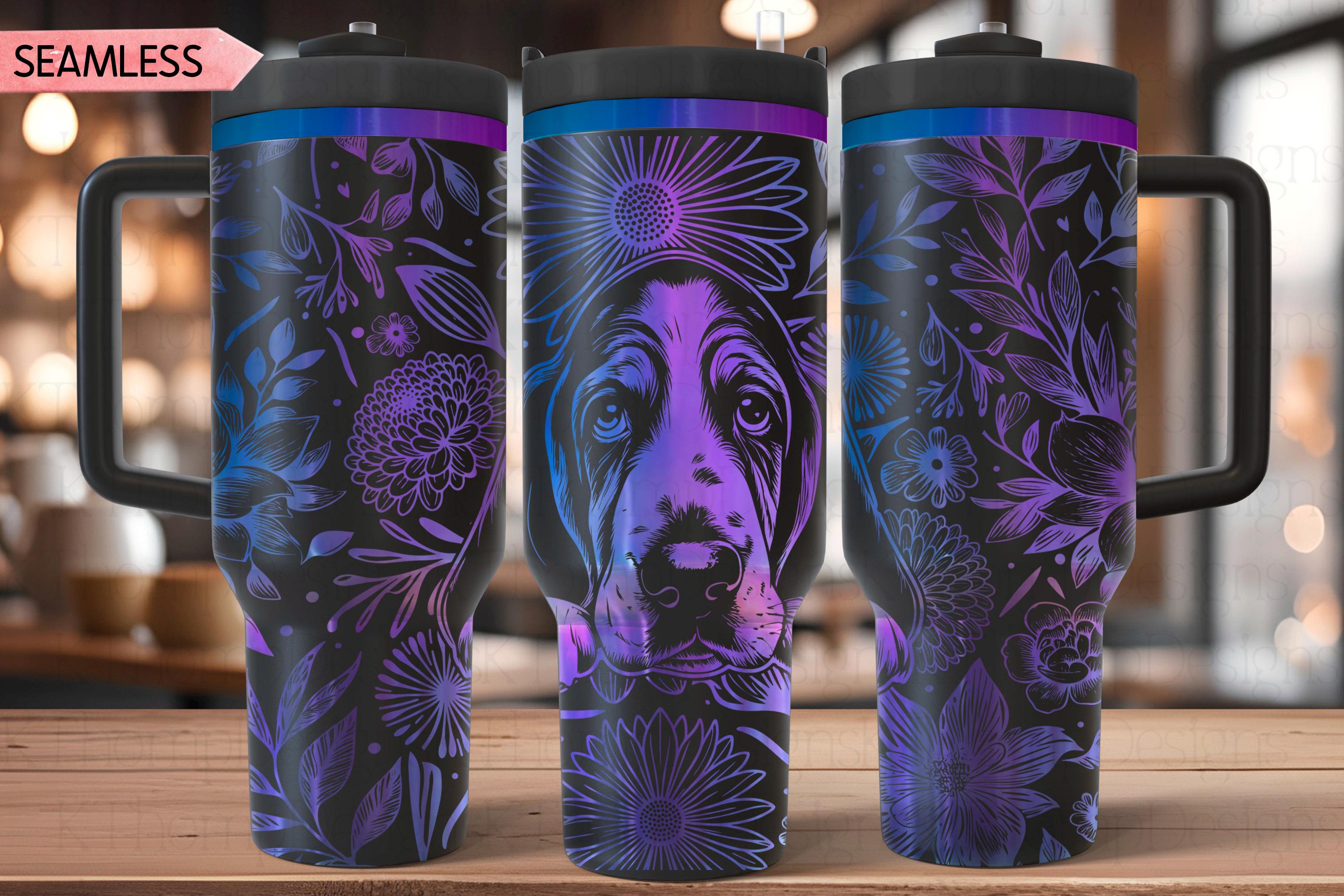 Floral Basset Hound Tumbler Wrap SVG, 40oz Laser Engraving File, Rotary Ready Digital Design, Pet Lover Gift