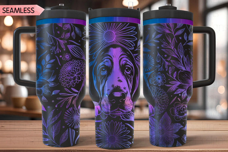 Floral Basset Hound Tumbler Wrap SVG, 40oz Laser Engraving File, Rotary Ready Digital Design, Pet Lover Gift