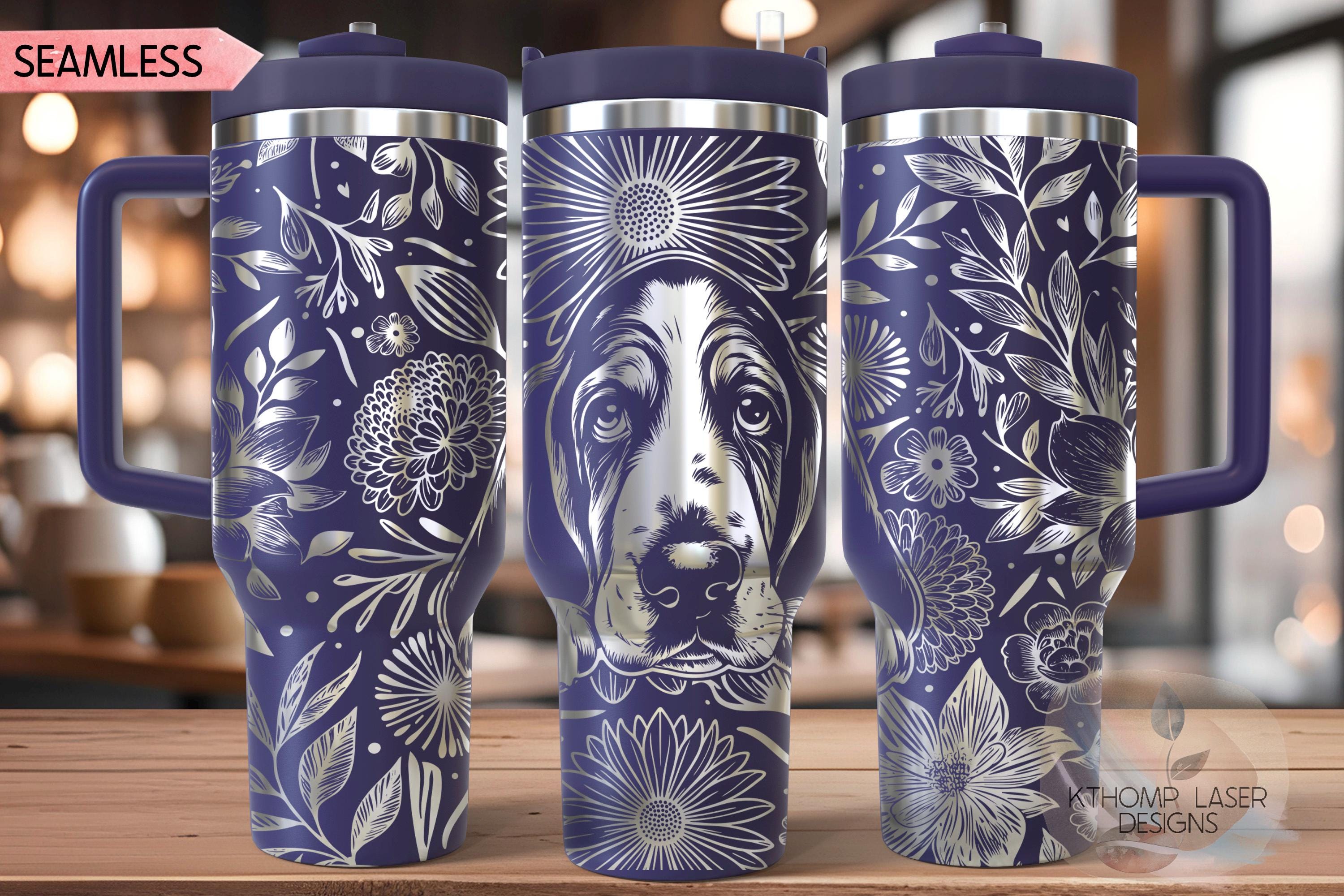 Floral Basset Hound Tumbler Wrap SVG, 40oz Laser Engraving File, Rotary Ready Digital Design, Pet Lover Gift