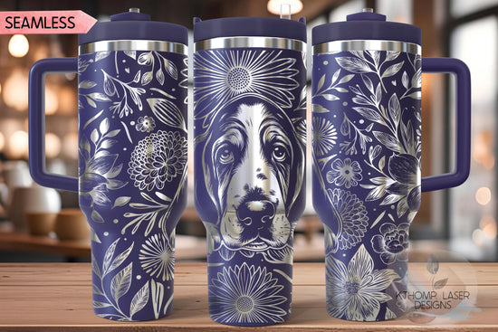 Floral Basset Hound Tumbler Wrap SVG, 40oz Laser Engraving File, Rotary Ready Digital Design, Pet Lover Gift
