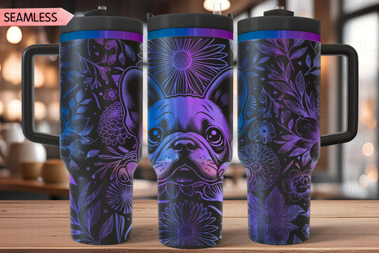 Floral French Bulldog Tumbler Wrap SVG, Frenchie 40oz Laser Engraving File, Rotary Ready Digital Design, Pet Lover Gift