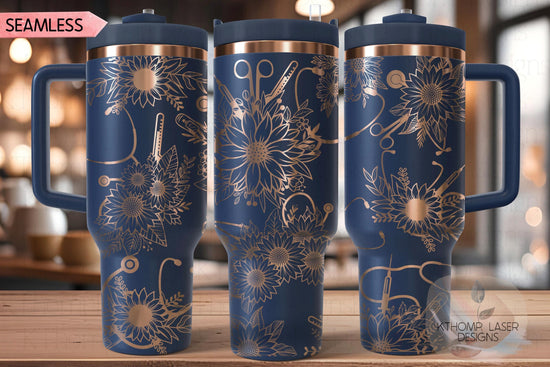 Sunflower Stethoscopes Tumbler Wrap SVG, 40oz Laser Engraving File, Rotary Ready Digital Design, Nurse Tumbler, Doctor Gift, Career Gift SVG