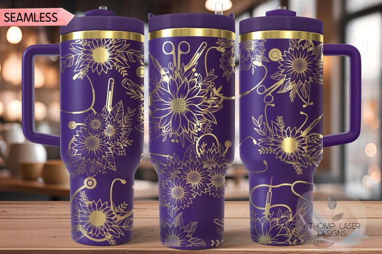 Sunflower Stethoscopes Tumbler Wrap SVG, 40oz Laser Engraving File, Rotary Ready Digital Design, Nurse Tumbler, Doctor Gift, Career Gift SVG