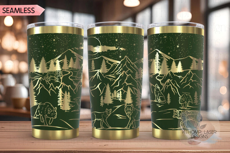 Wolves Mountain Scene Tumbler Wrap SVG, 20oz and 30oz Laser Engraving File, Rotary Ready Digital Design, Wildlife Nature SVG