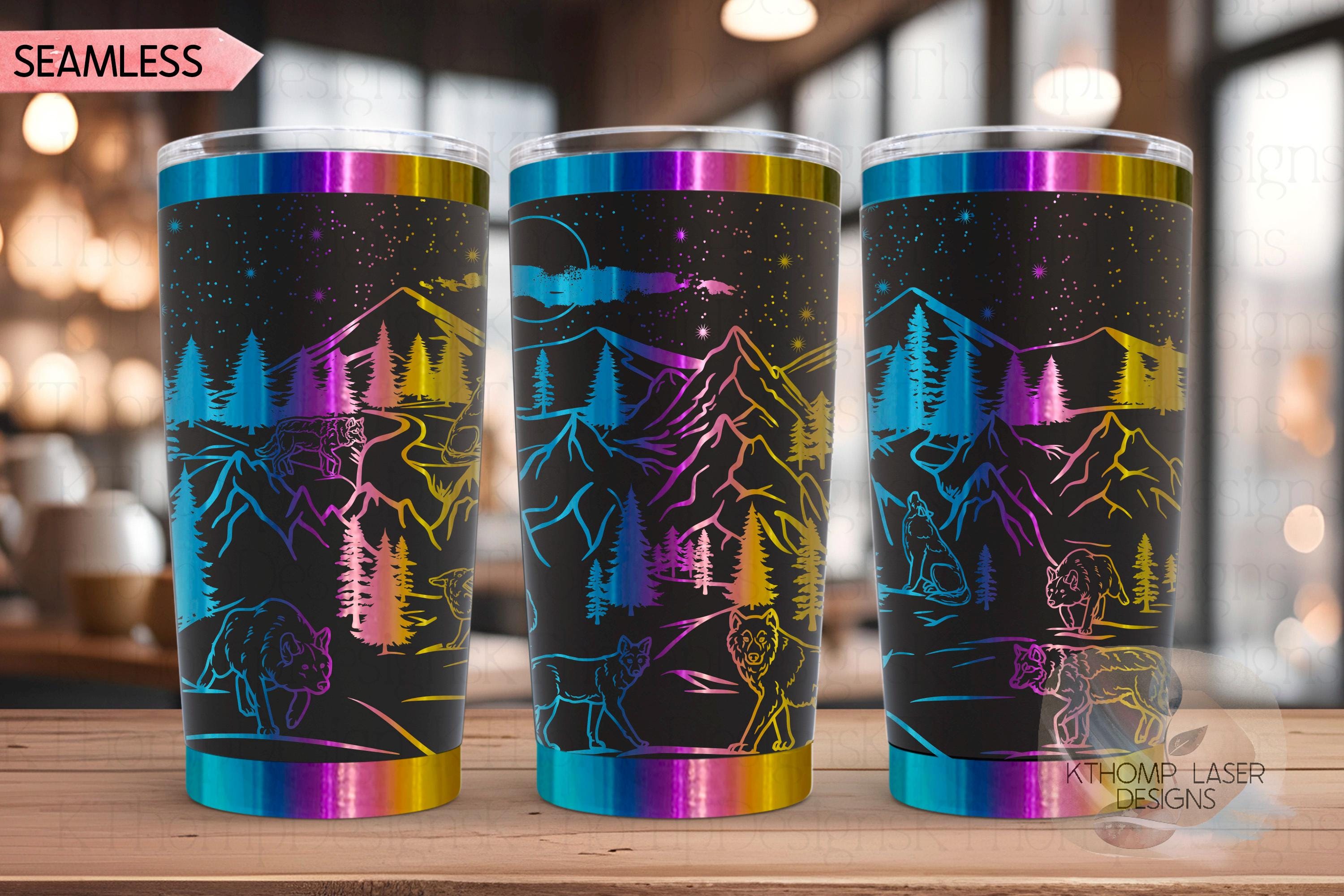 Wolves Mountain Scene Tumbler Wrap SVG, 20oz and 30oz Laser Engraving File, Rotary Ready Digital Design, Wildlife Nature SVG