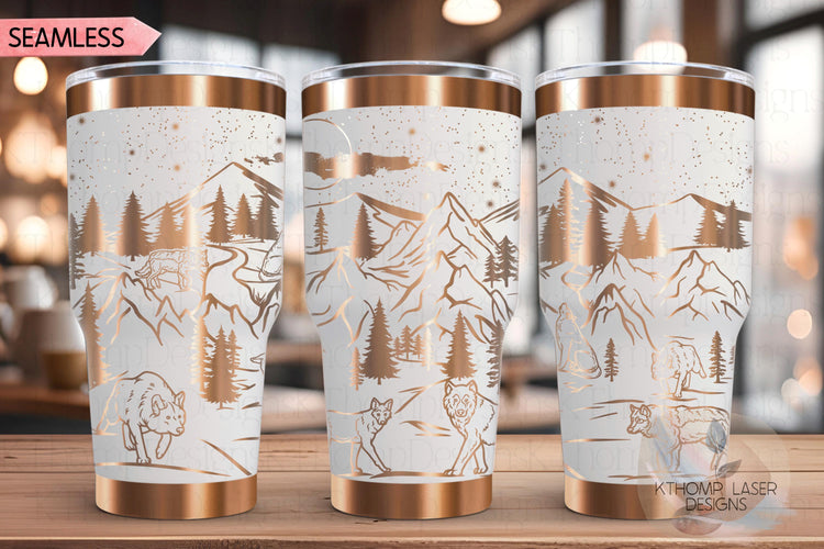 Wolves Mountain Scene Tumbler Wrap SVG, 20oz and 30oz Laser Engraving File, Rotary Ready Digital Design, Wildlife Nature SVG
