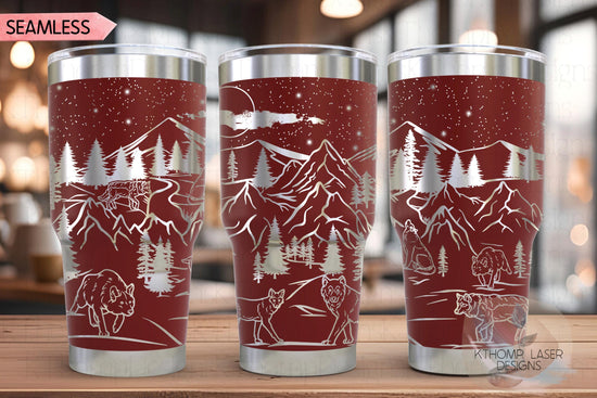 Wolves Mountain Scene Tumbler Wrap SVG, 20oz and 30oz Laser Engraving File, Rotary Ready Digital Design, Wildlife Nature SVG