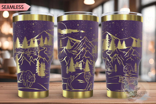 Wolves Mountain Scene Tumbler Wrap SVG, 20oz and 30oz Laser Engraving File, Rotary Ready Digital Design, Wildlife Nature SVG