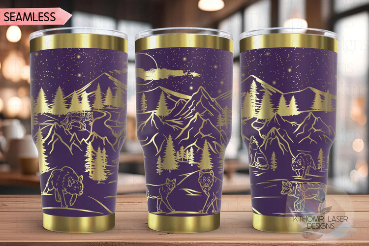 Wolves Mountain Scene Tumbler Wrap SVG, 20oz and 30oz Laser Engraving File, Rotary Ready Digital Design, Wildlife Nature SVG