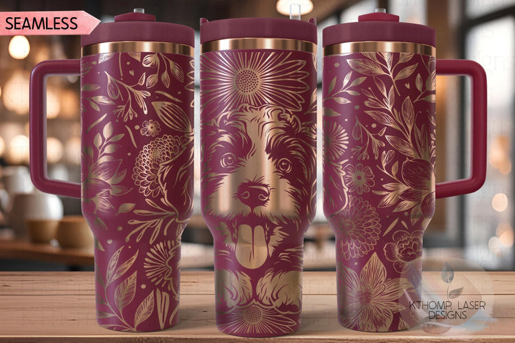 Floral Bernedoodle Tumbler Wrap SVG, Bernese Doodle Dog 40oz Laser Engraving File, Rotary Ready Digital Design, Pet Lover Gift