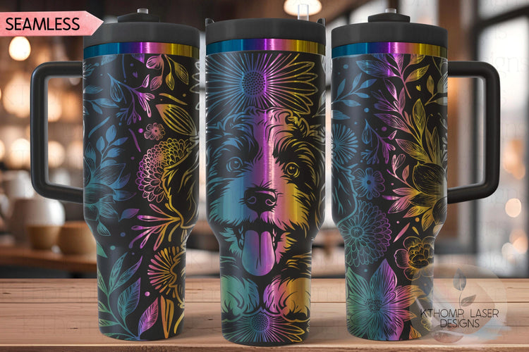 Floral Bernedoodle Tumbler Wrap SVG, Bernese Doodle Dog 40oz Laser Engraving File, Rotary Ready Digital Design, Pet Lover Gift