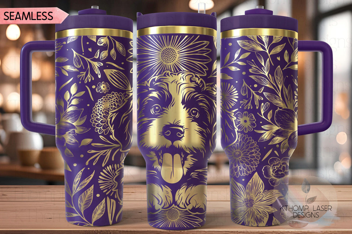 Floral Bernedoodle Tumbler Wrap SVG, Bernese Doodle Dog 40oz Laser Engraving File, Rotary Ready Digital Design, Pet Lover Gift