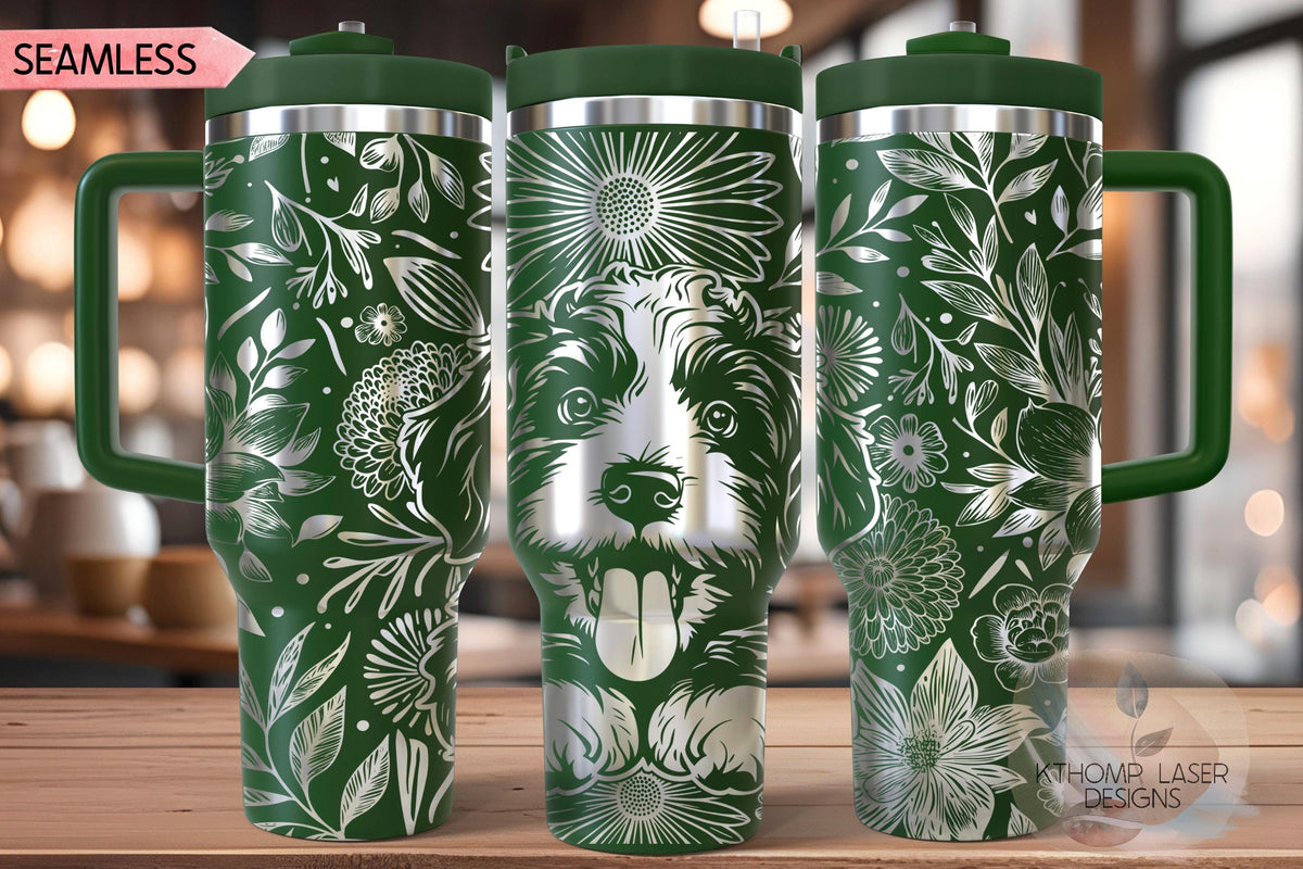 Floral Bernedoodle Tumbler Wrap SVG, Bernese Doodle Dog 40oz Laser Engraving File, Rotary Ready Digital Design, Pet Lover Gift
