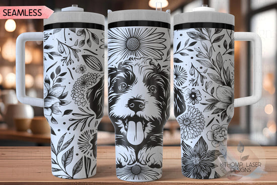 Floral Bernedoodle Tumbler Wrap SVG, Bernese Doodle Dog 40oz Laser Engraving File, Rotary Ready Digital Design, Pet Lover Gift