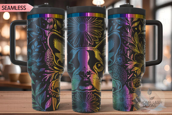 Floral Boston Terrier Tumbler Wrap SVG, Boston Terrier Dog 40oz Laser Engraving File, Rotary Ready Digital Design, Pet Lover Gift