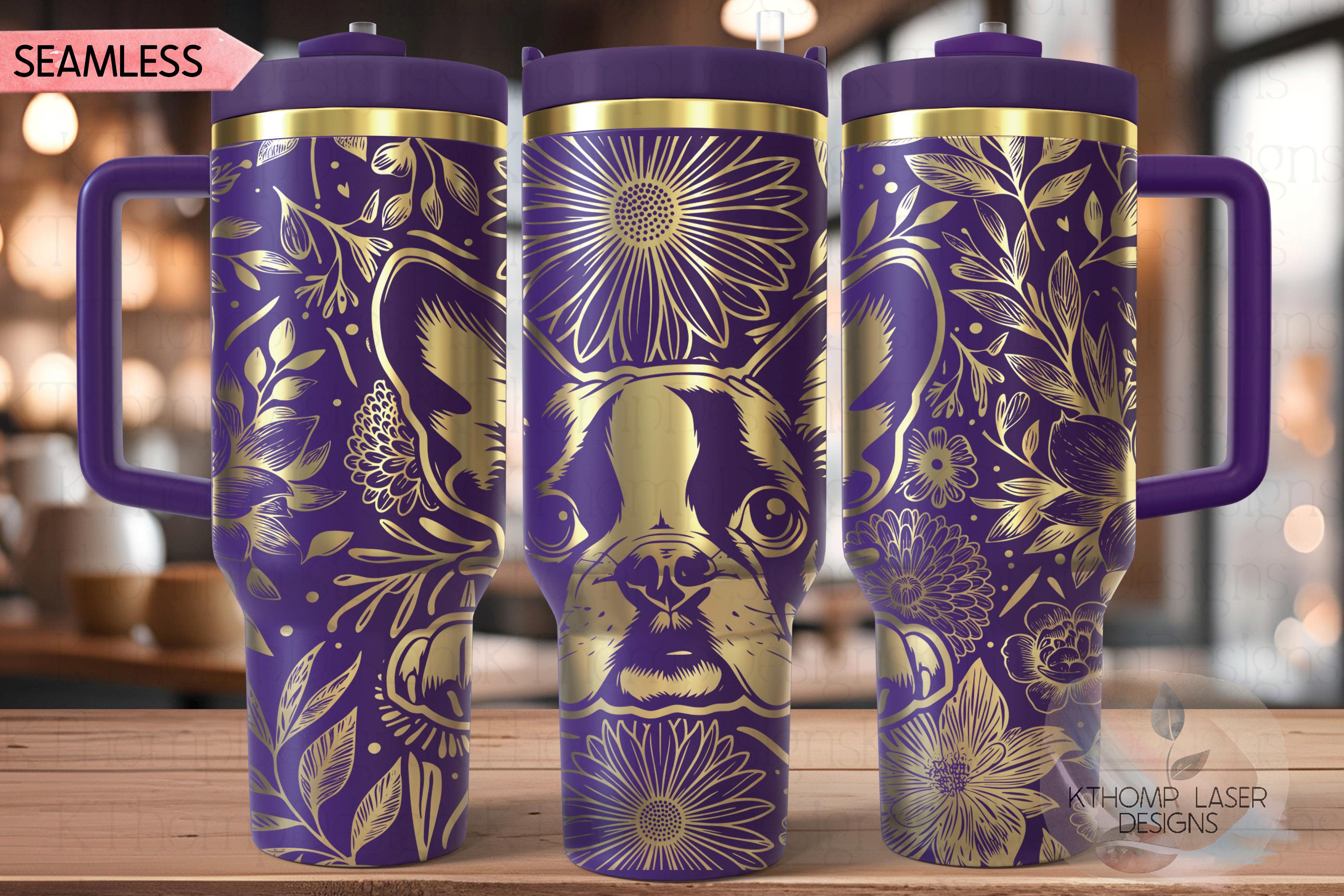 Floral Boston Terrier Tumbler Wrap SVG, Boston Terrier Dog 40oz Laser Engraving File, Rotary Ready Digital Design, Pet Lover Gift
