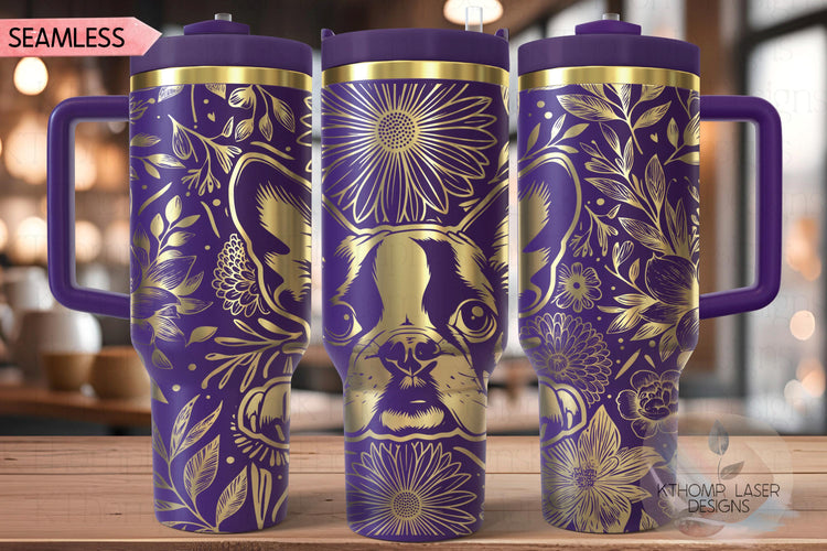 Floral Boston Terrier Tumbler Wrap SVG, Boston Terrier Dog 40oz Laser Engraving File, Rotary Ready Digital Design, Pet Lover Gift
