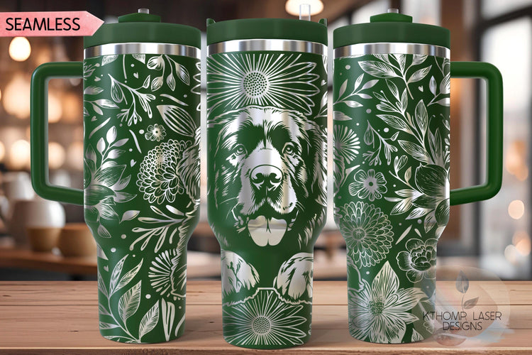 Floral Newfoundland Tumbler Wrap SVG, Newfie Dog 40oz Laser Engraving File, Rotary Ready Digital Design, Pet Lover Gift