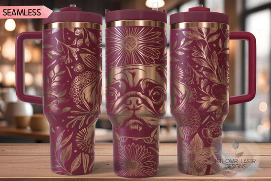 Floral Pug Tumbler Wrap SVG, Chinese Pug Dog 40oz Laser Engraving File, Rotary Ready Digital Design, Pet Lover Gift