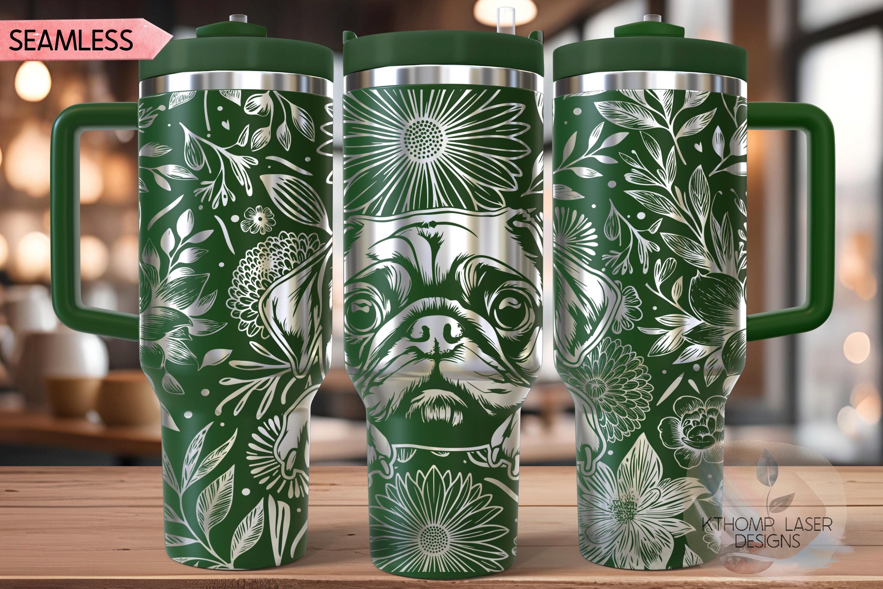 Floral Pug Tumbler Wrap SVG, Chinese Pug Dog 40oz Laser Engraving File, Rotary Ready Digital Design, Pet Lover Gift