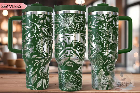 Floral Pug Tumbler Wrap SVG, Chinese Pug Dog 40oz Laser Engraving File, Rotary Ready Digital Design, Pet Lover Gift