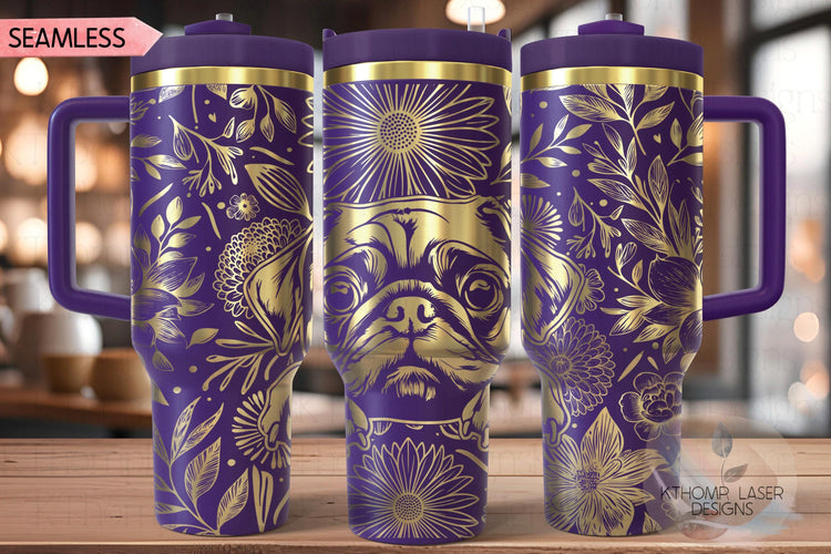 Floral Pug Tumbler Wrap SVG, Chinese Pug Dog 40oz Laser Engraving File, Rotary Ready Digital Design, Pet Lover Gift