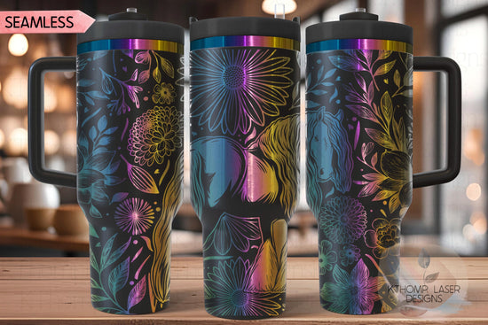 Floral Draft Horse Tumbler Wrap SVG, Beautiful Horse 40oz Laser Engraving File, Rotary Ready Digital Design, Pet Lover Gift