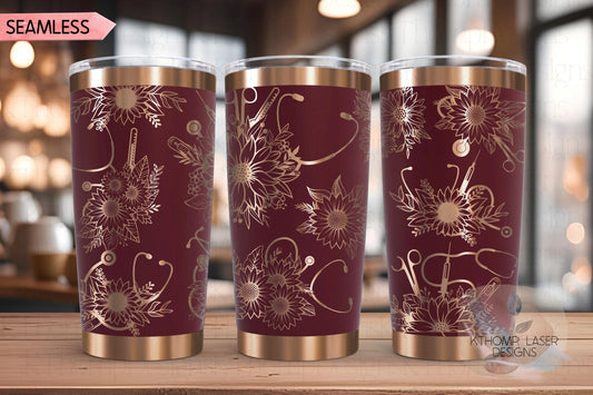Sunflower Stethoscopes Medical Tumbler Wrap SVG, 20oz and 30oz Laser Engraving File, Rotary Ready Digital Design, Career Gift SVG