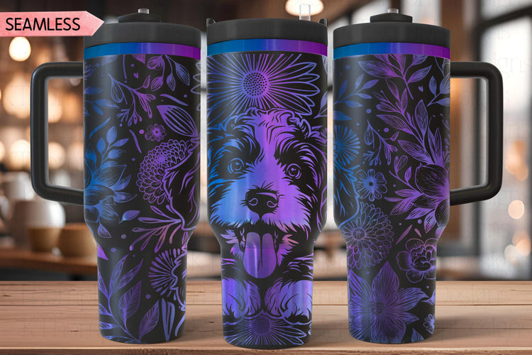 Floral Bernedoodle Tumbler Wrap SVG, Bernese Doodle Dog 40oz Laser Engraving File, Rotary Ready Digital Design, Pet Lover Gift