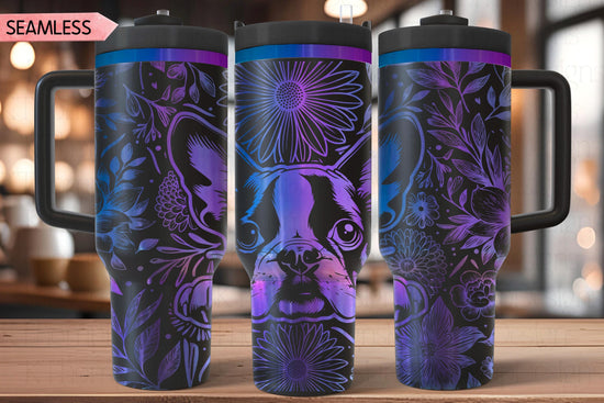 Floral Boston Terrier Tumbler Wrap SVG, Boston Terrier Dog 40oz Laser Engraving File, Rotary Ready Digital Design, Pet Lover Gift
