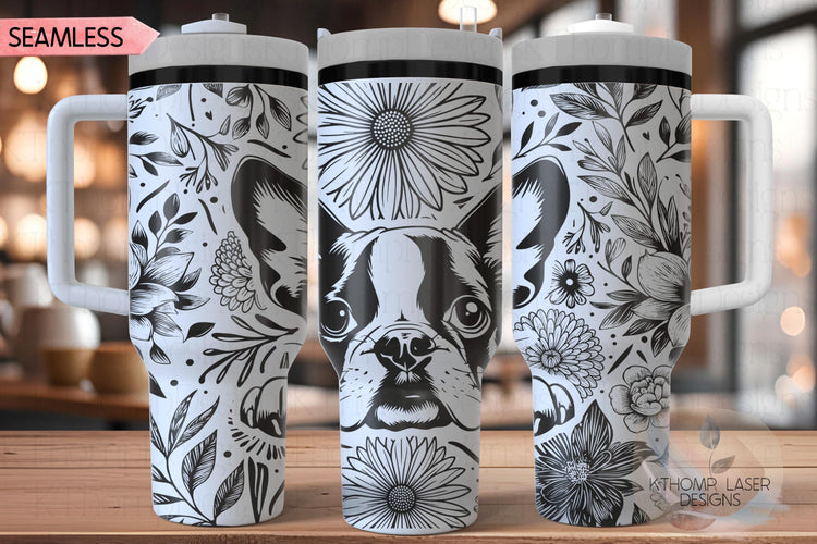 Floral Boston Terrier Tumbler Wrap SVG, Boston Terrier Dog 40oz Laser Engraving File, Rotary Ready Digital Design, Pet Lover Gift