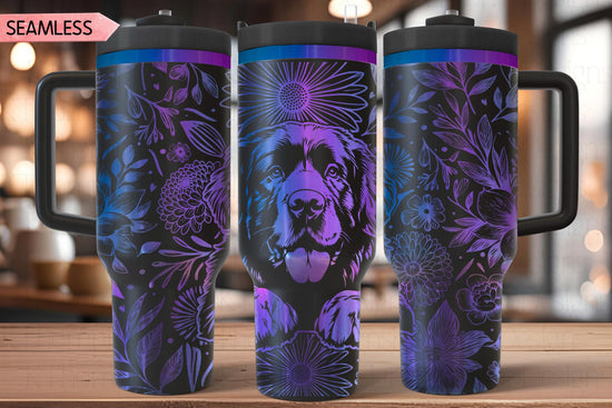 Floral Newfoundland Tumbler Wrap SVG, Newfie Dog 40oz Laser Engraving File, Rotary Ready Digital Design, Pet Lover Gift