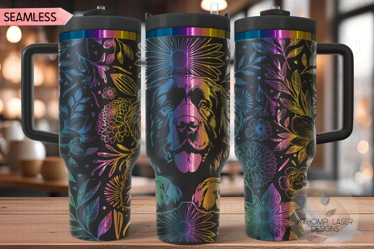 Floral Newfoundland Tumbler Wrap SVG, Newfie Dog 40oz Laser Engraving File, Rotary Ready Digital Design, Pet Lover Gift