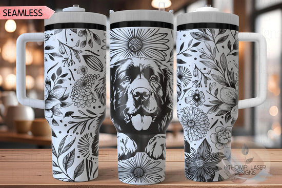 Floral Newfoundland Tumbler Wrap SVG, Newfie Dog 40oz Laser Engraving File, Rotary Ready Digital Design, Pet Lover Gift
