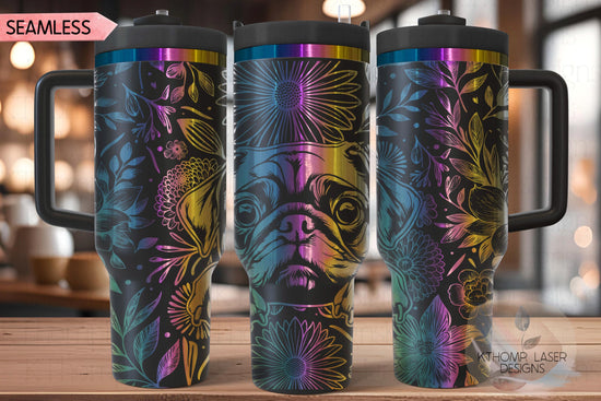 Floral Pug Tumbler Wrap SVG, Chinese Pug Dog 40oz Laser Engraving File, Rotary Ready Digital Design, Pet Lover Gift