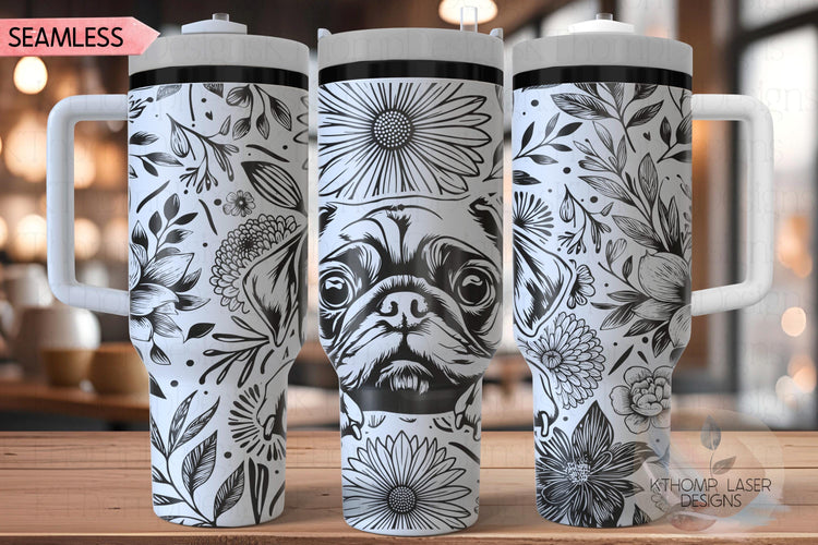 Floral Pug Tumbler Wrap SVG, Chinese Pug Dog 40oz Laser Engraving File, Rotary Ready Digital Design, Pet Lover Gift