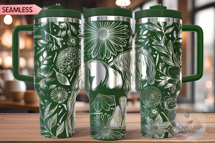 Floral Draft Horse Tumbler Wrap SVG, Beautiful Horse 40oz Laser Engraving File, Rotary Ready Digital Design, Pet Lover Gift