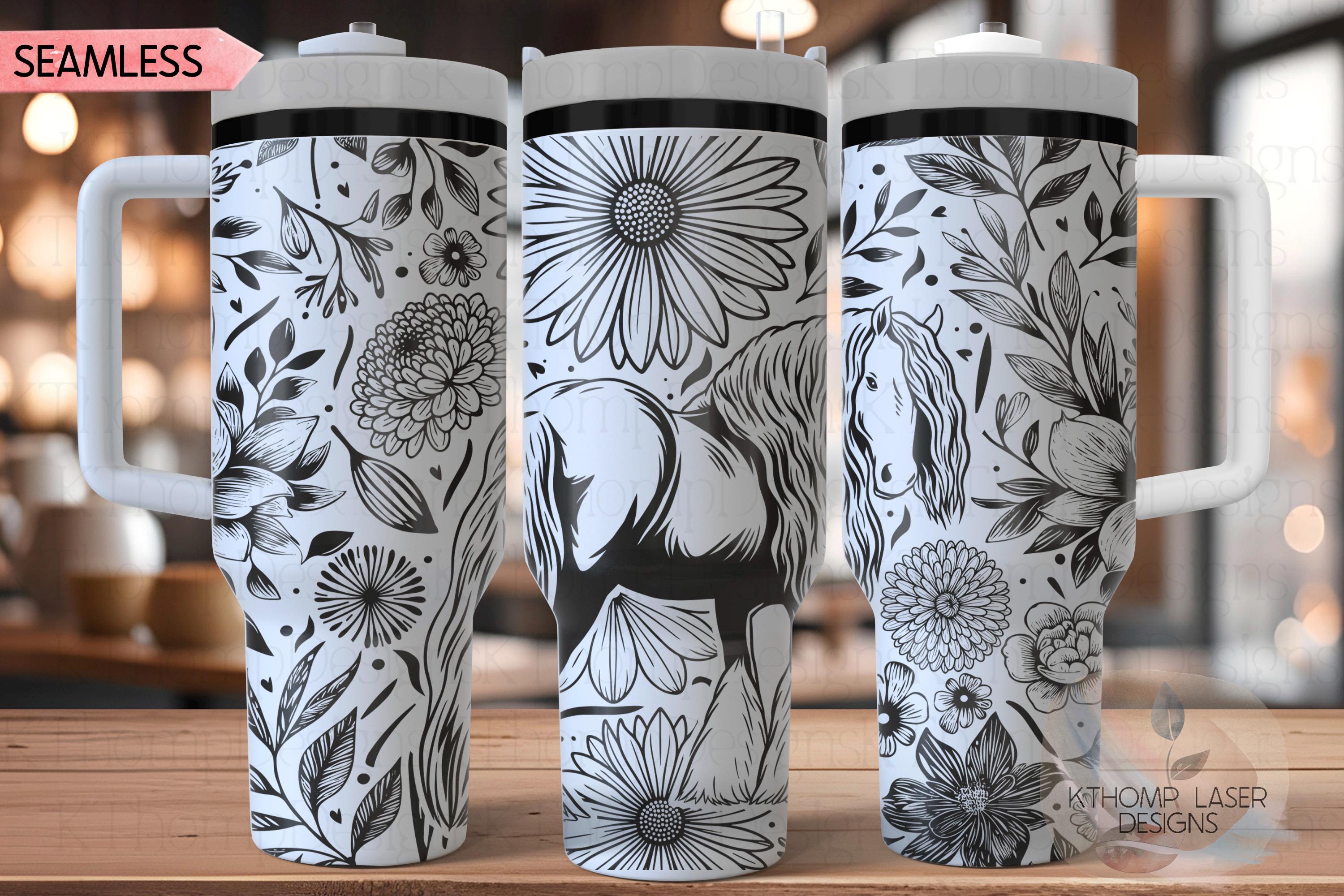 Floral Draft Horse Tumbler Wrap SVG, Beautiful Horse 40oz Laser Engraving File, Rotary Ready Digital Design, Pet Lover Gift