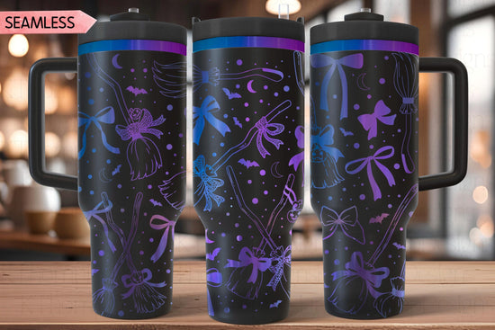 Spooky Brooms & Bows Tumbler Wrap SVG, 40oz Laser Engraving File, Rotary Ready Digital Design, Seasonal SVG