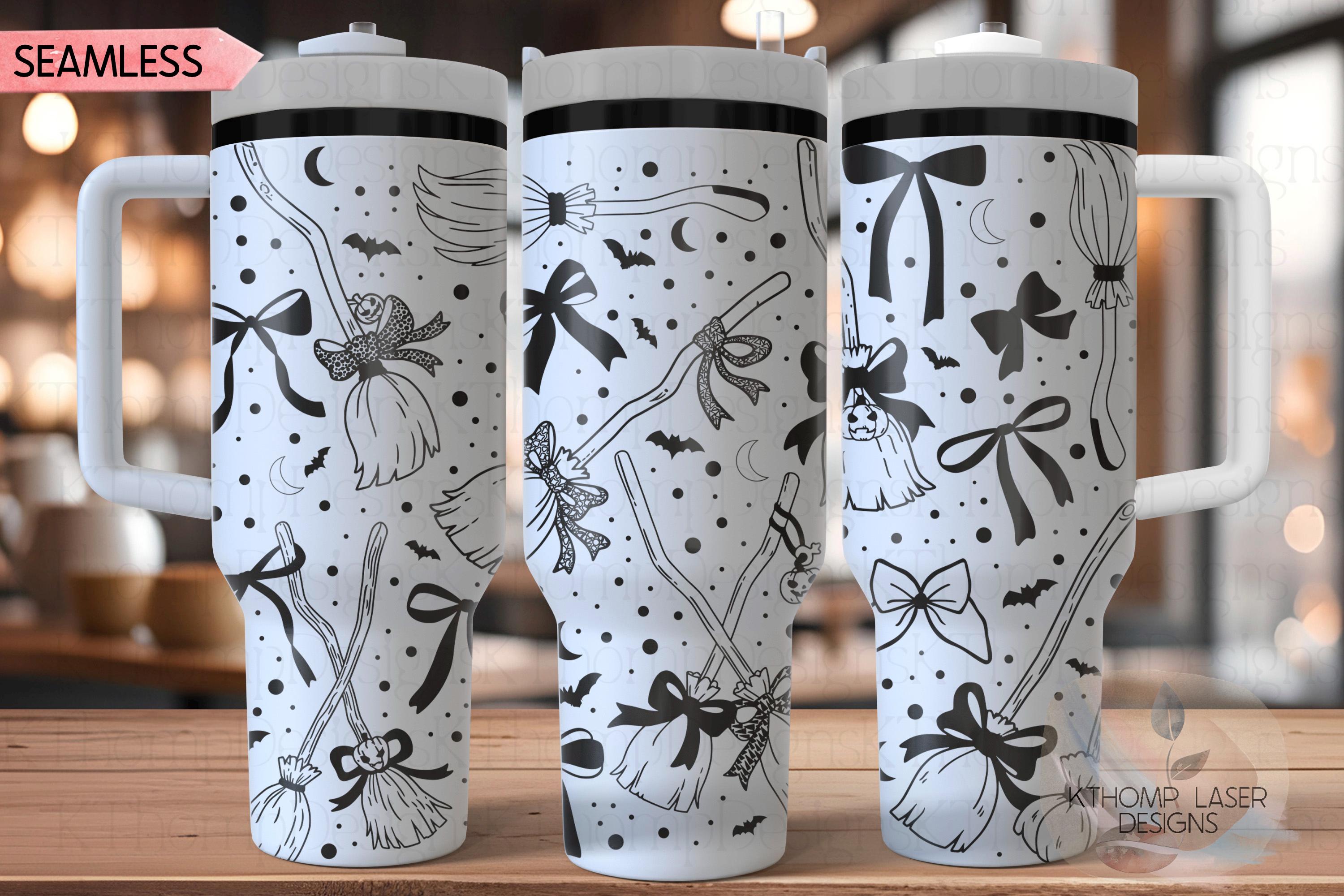 Spooky Brooms & Bows Tumbler Wrap SVG, 40oz Laser Engraving File, Rotary Ready Digital Design, Seasonal SVG