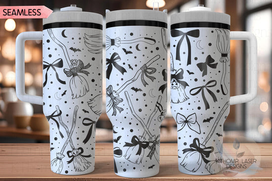Spooky Brooms & Bows Tumbler Wrap SVG, 40oz Laser Engraving File, Rotary Ready Digital Design, Seasonal SVG