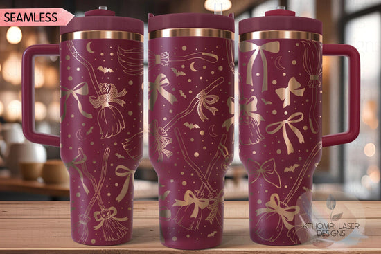 Spooky Brooms & Bows Tumbler Wrap SVG, 40oz Laser Engraving File, Rotary Ready Digital Design, Seasonal SVG