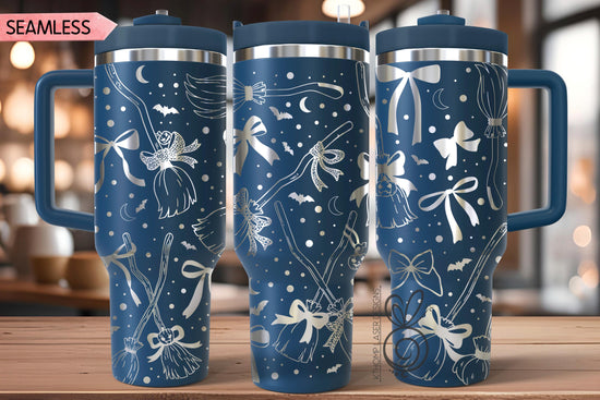 Spooky Brooms & Bows Tumbler Wrap SVG, 40oz Laser Engraving File, Rotary Ready Digital Design, Seasonal SVG