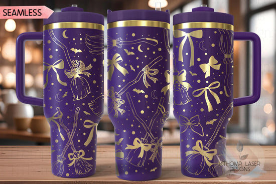 Spooky Brooms & Bows Tumbler Wrap SVG, 40oz Laser Engraving File, Rotary Ready Digital Design, Seasonal SVG