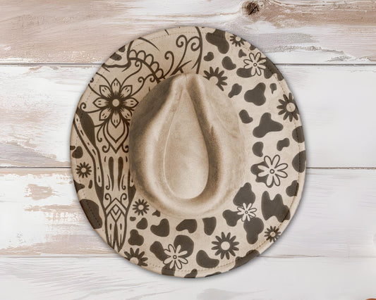 Floral Cow Skull Wide Brim Hat Laser Engraving SVG