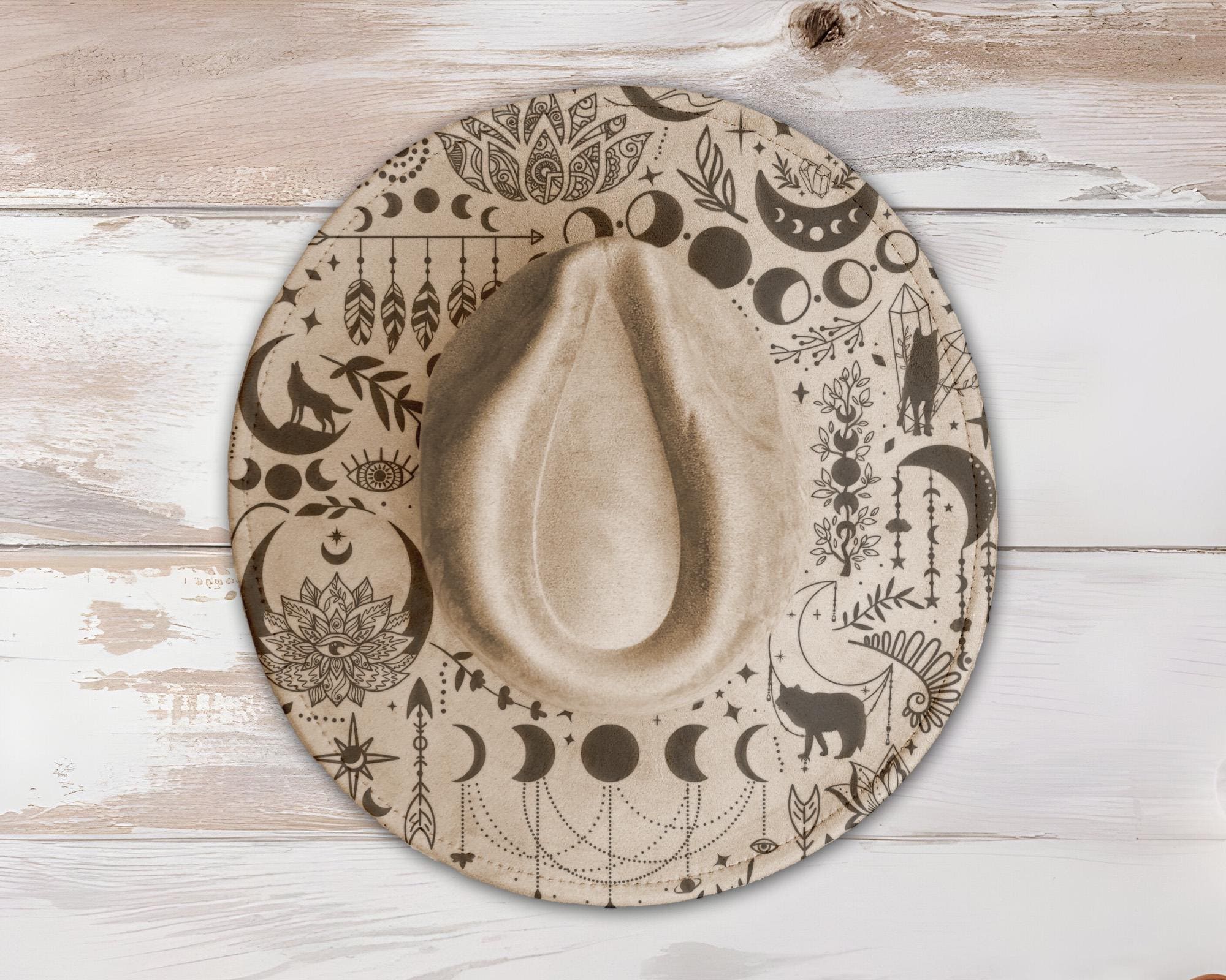 Boho Wolves Wide Brim Hat Laser Engraving SVG