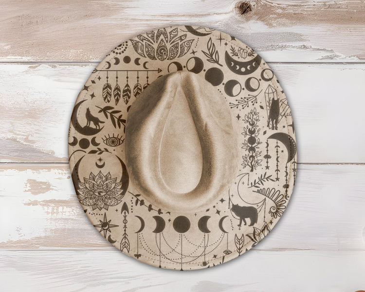 Boho Wolves Wide Brim Hat Laser Engraving SVG