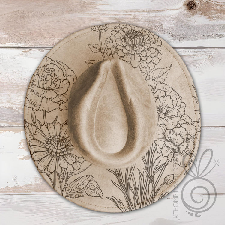 Zinnia and Carnations Floral Wide Brim Hat Laser Engraving SVG