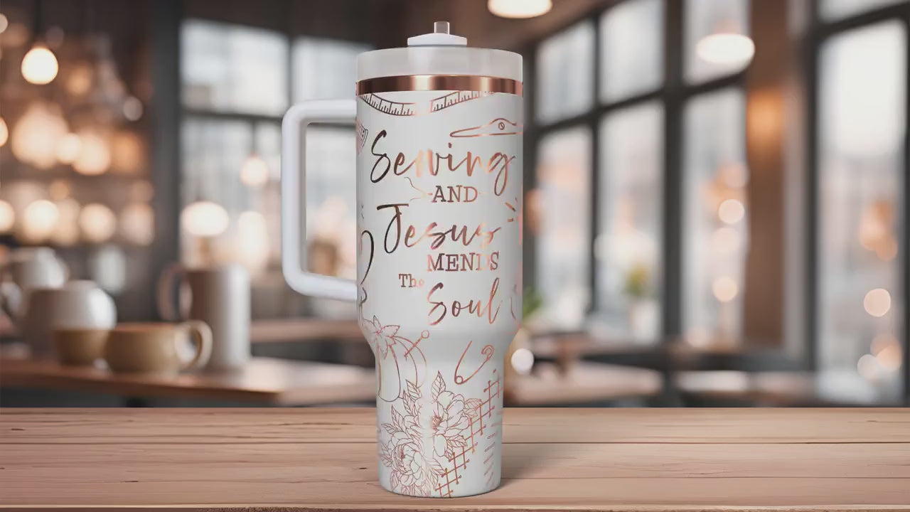 Sewing & Jesus Mends The Soul Tumbler Wrap SVG | 40oz Laser Engraving File | Rotary Ready Digital Design | Support Awareness SVG