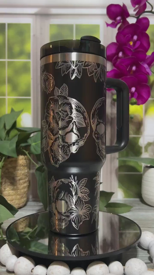 Skulls and Roses Tumbler Wrap SVG | 40oz Laser Engraving File | Rotary Engrave Digital Design | Floral SVG Design
